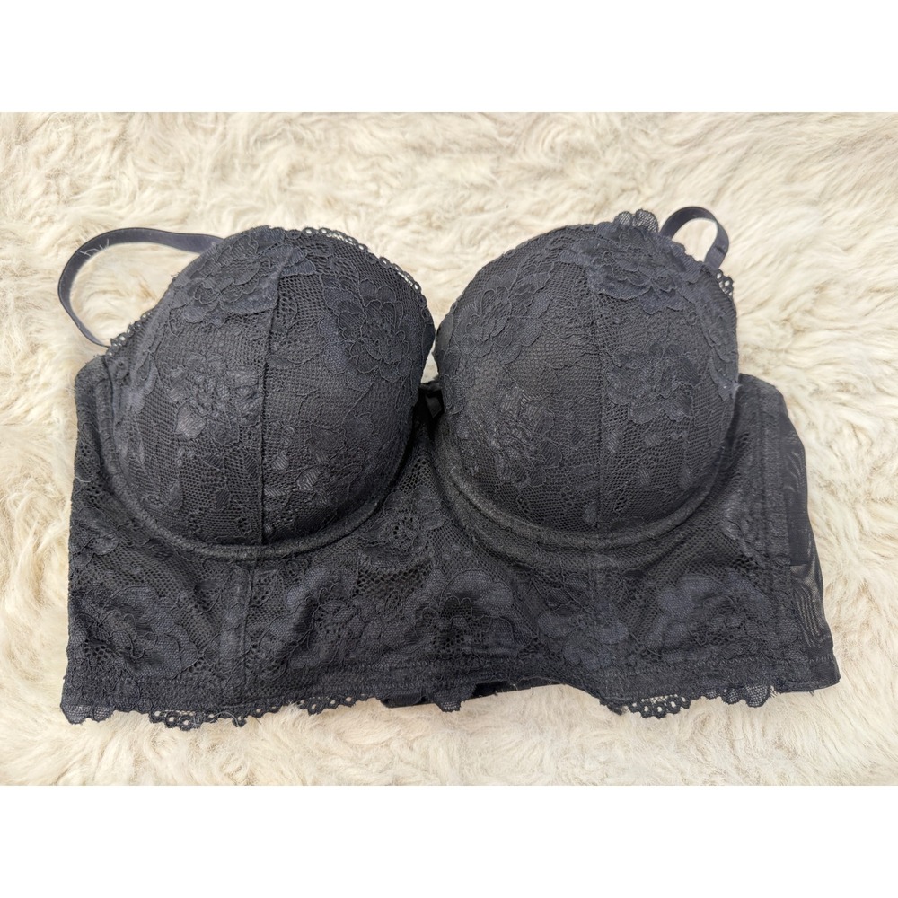 HM Black Floral Lace Longline Bustier Bra Padded Underwire 36D